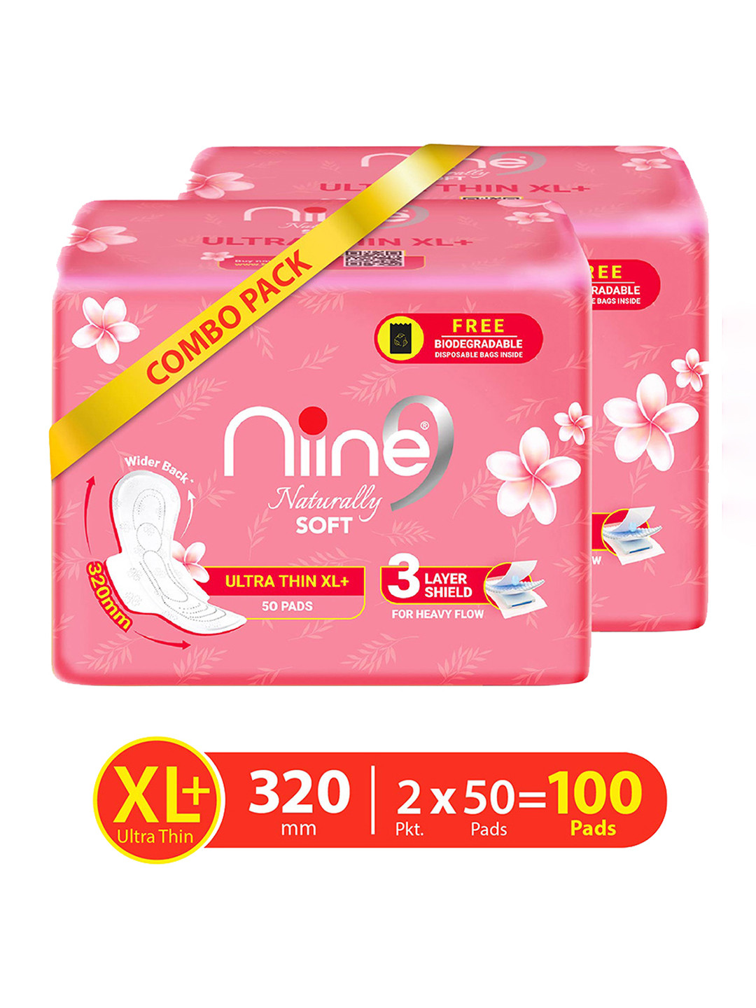 

Niine Set of 2 Naturally Soft Ultra Thin XL+ 320mm Sanitary Pads - 50 Pads Each, Pink