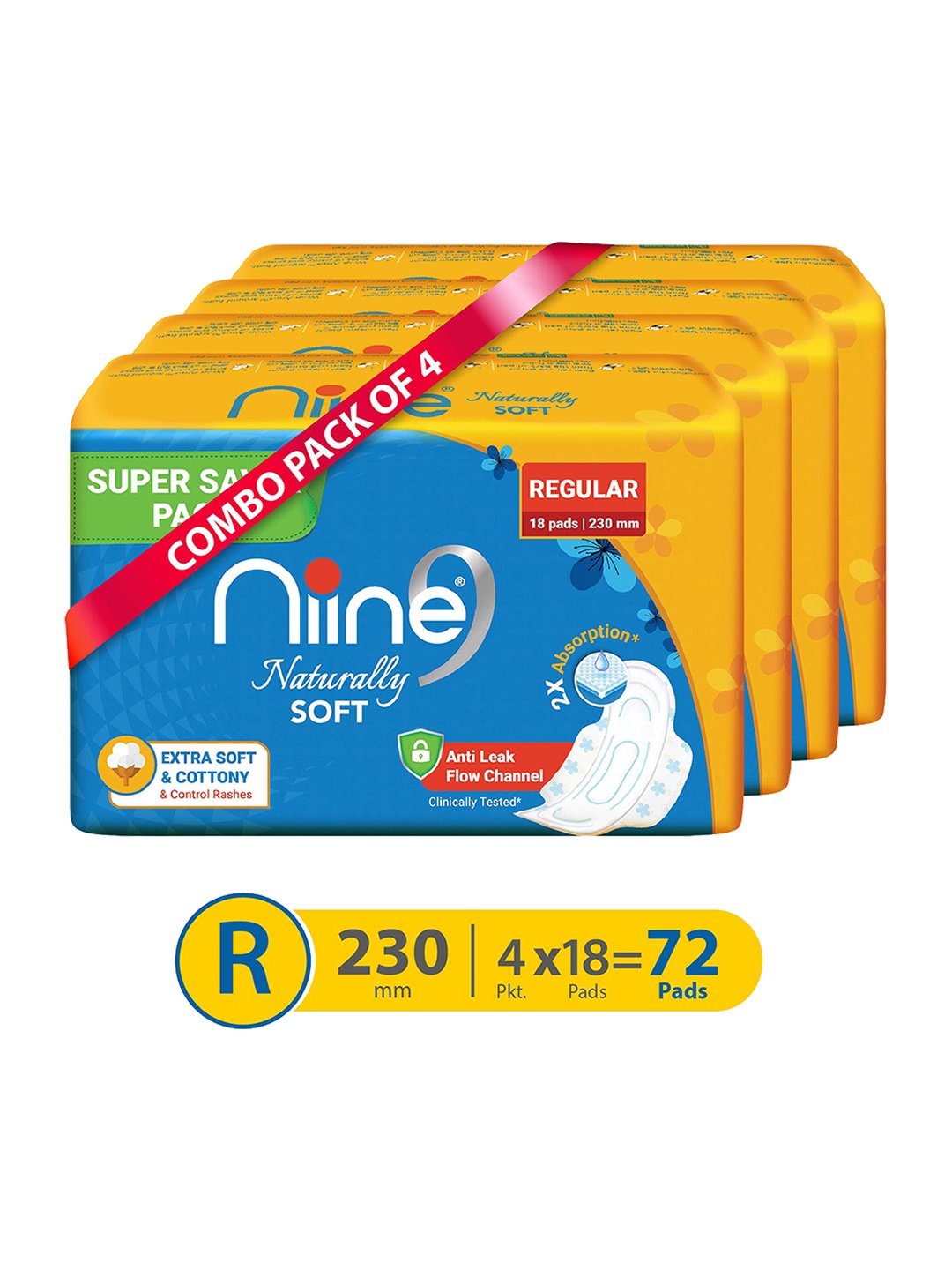 

Niine Set of 4 Naturally Soft Super Saver Pack Regular 230mm Sanitary Pads - 18 Pads Each, Blue