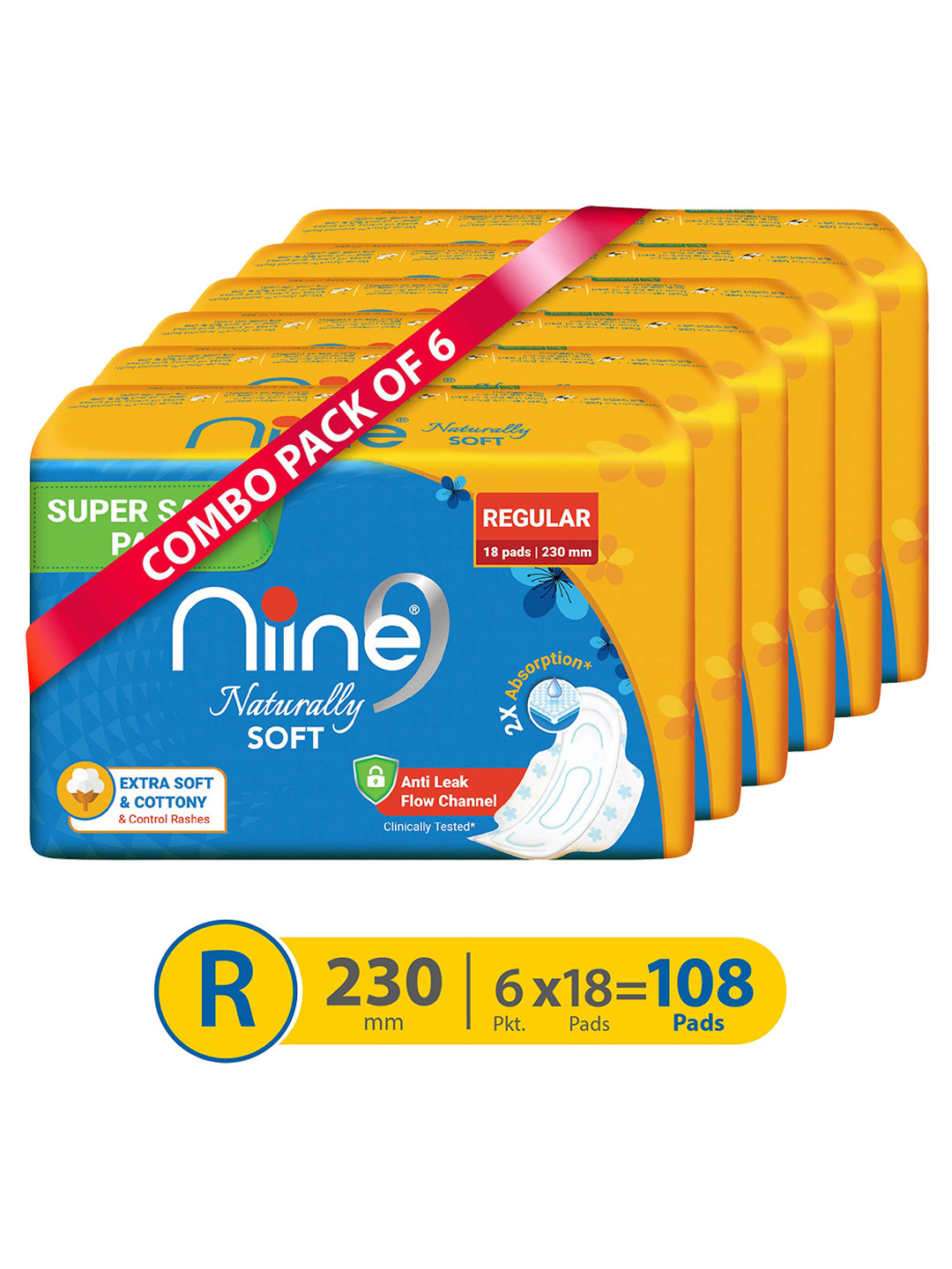 

Niine Set of 6 Naturally Soft Super Saver Pack Regular 230mm Sanitary Pads - 18 Pads Each, Blue