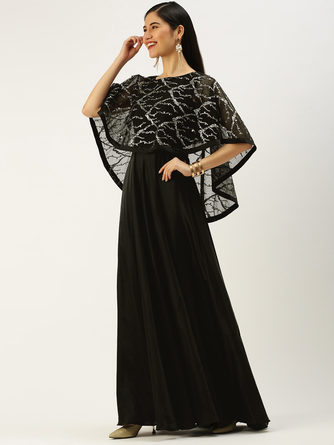 

Ethnovog Black Embellished Satin Ethnic Made To Measure Ethnic Dress with Cape