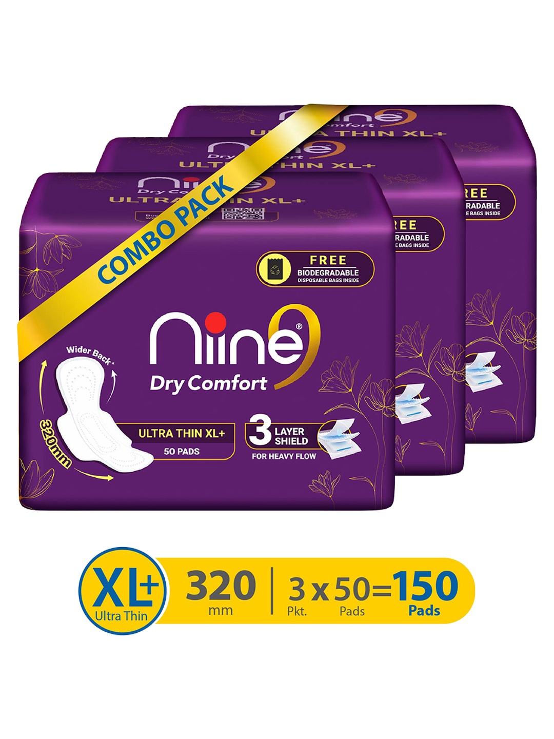 

Niine Set of 3 Dry Comfort Ultra Thin XL+ 320mm Sanitary Pads For Heavy Flow- 50 Pads Each, Purple