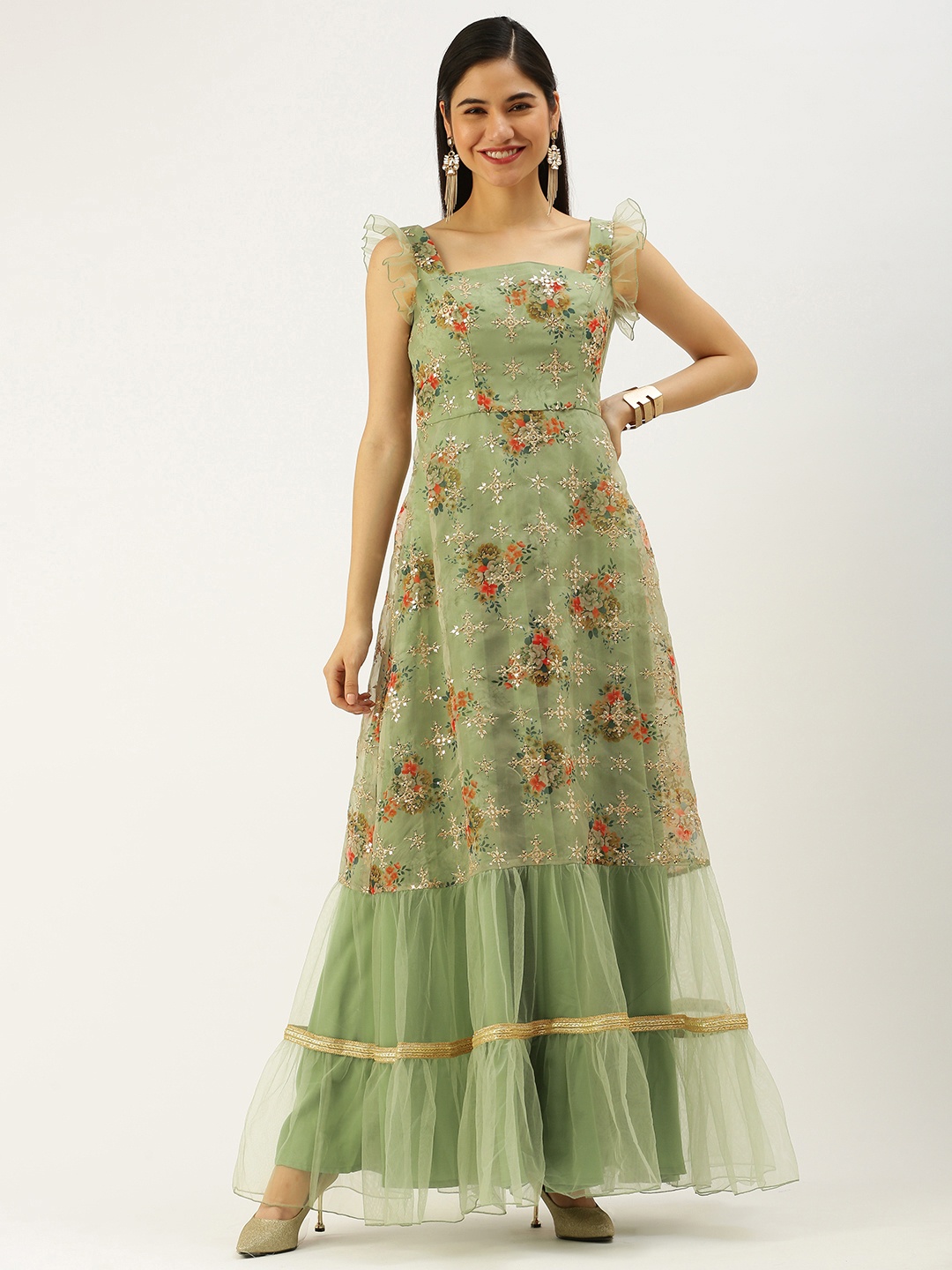 

Ethnovog Green Ethnic Motifs Ethnic Maxi Dress