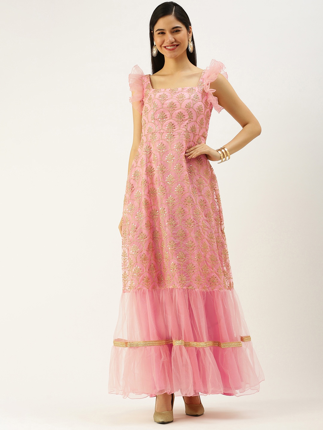 

Ethnovog Pink Embroidered Ethnic Made To Measure Maxi Dress