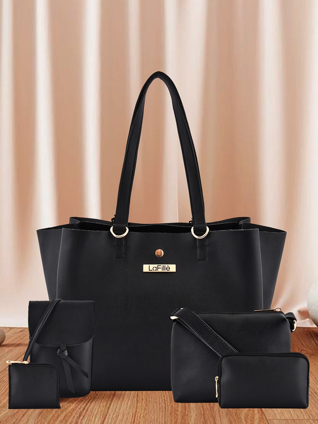 

LaFille Set of 5 Black PU Structured Shoulder Bags with Bow Detail