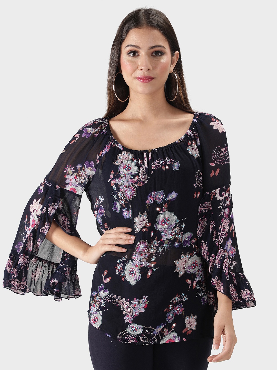 

DEBONATELLA Navy Blue Floral Print Ruffles Georgette Blouson Top