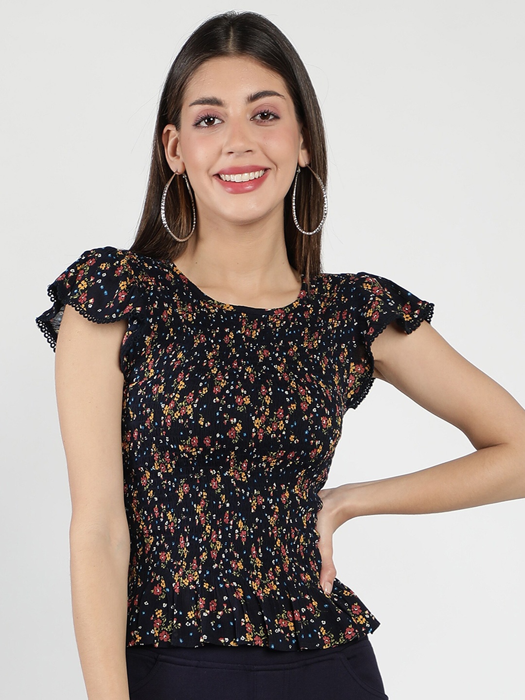 

DEBONATELLA Navy Blue Floral Print Crepe Top