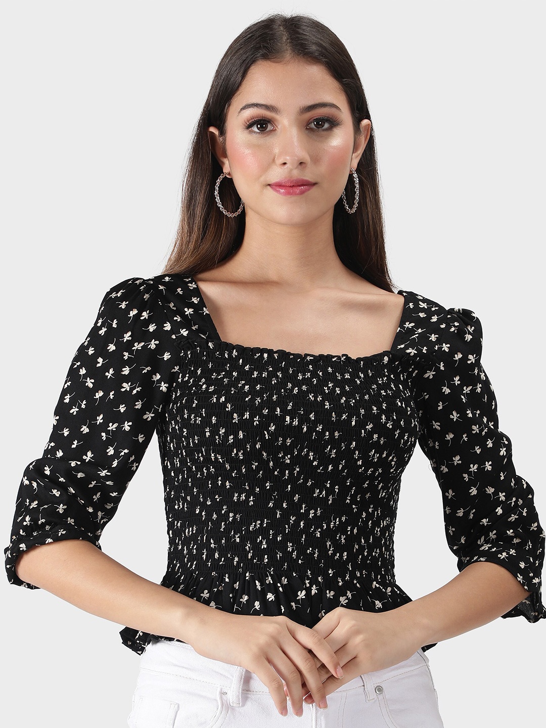 

DEBONATELLA Women Black Floral Print Crepe Top