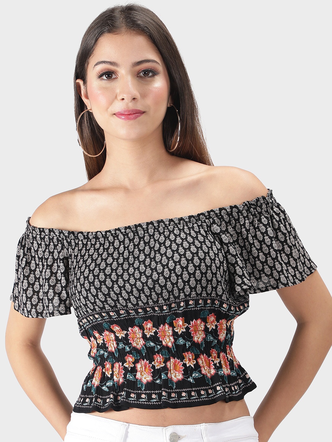 

DEBONATELLA Black & White Floral Print Off-Shoulder Crepe Bardot Crop Top