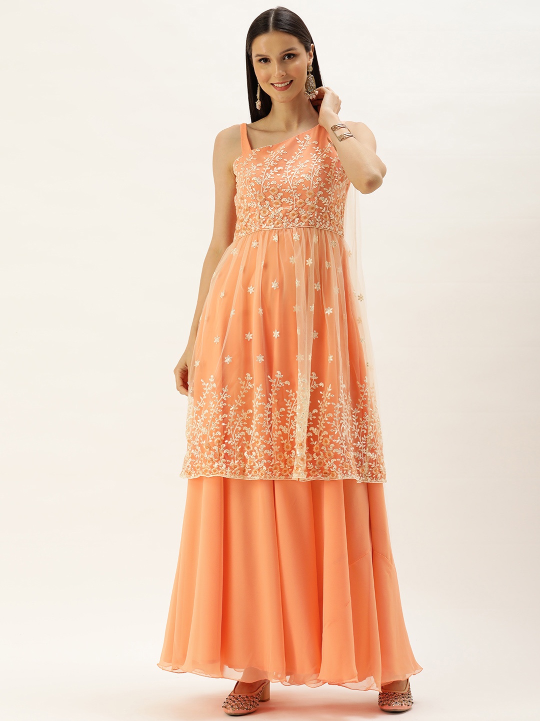 

Ethnovog Women Peach Off White Embroidered Sequin Detail Gown