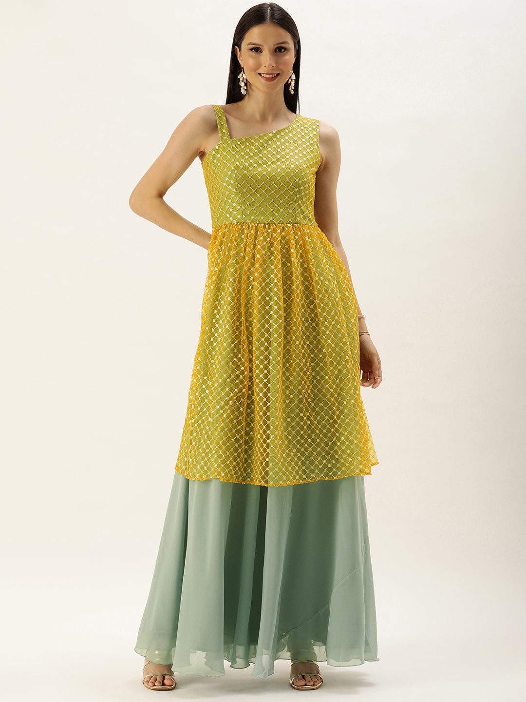 

Ethnovog Women Mustard Yellow Mint Green Embroidered Sequin Detail Gown