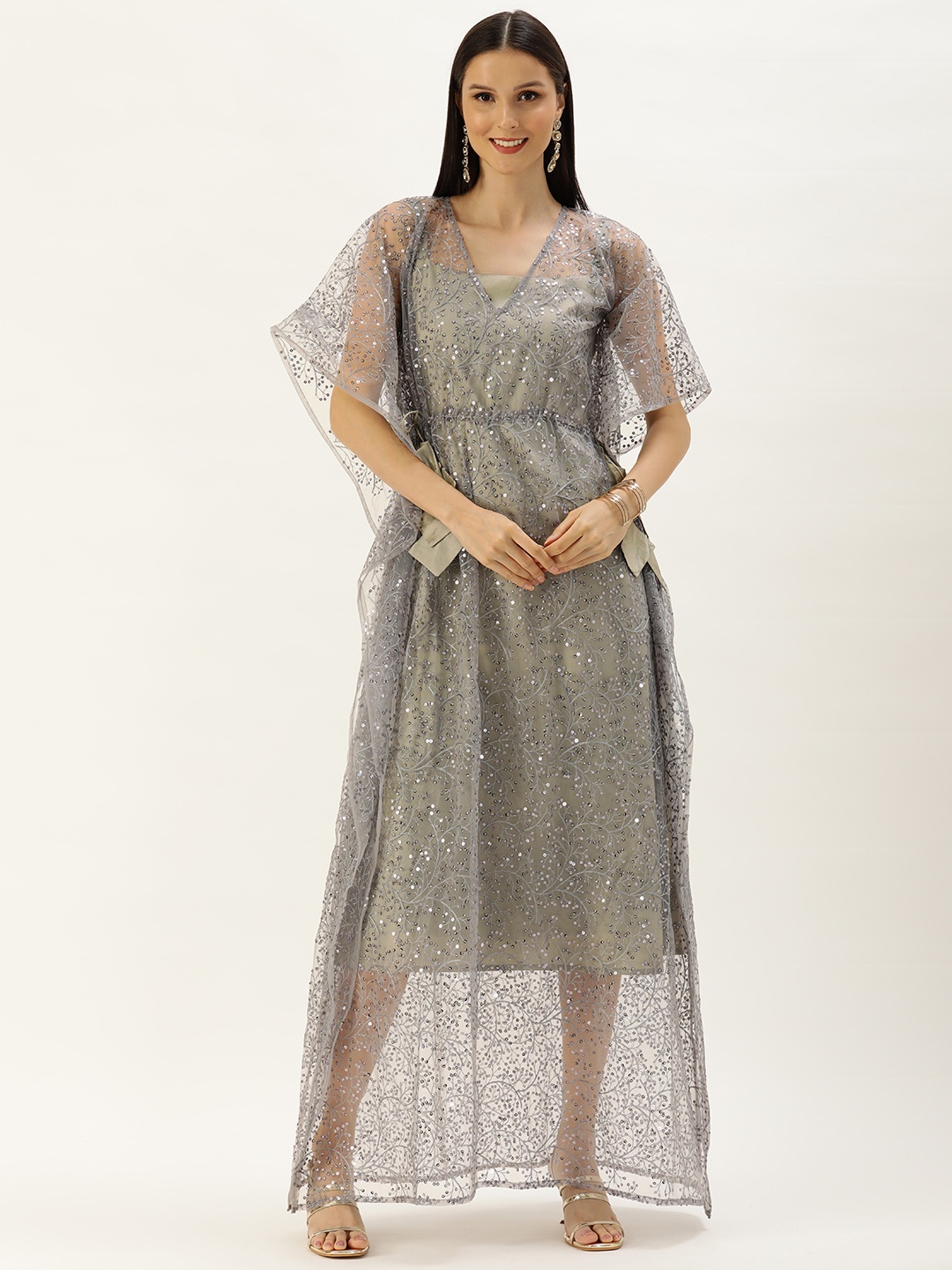 

Ethnovog Women Grey Embroidered Sequins Net Kaftan Style Gown