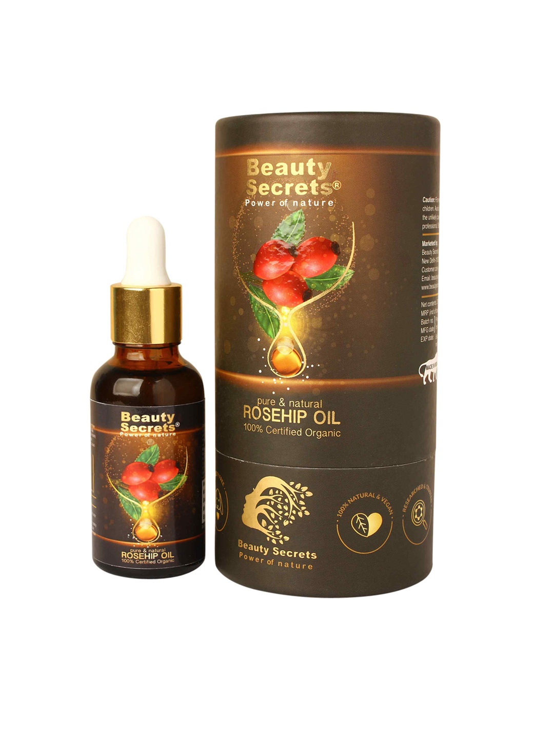 

Beauty Secrets Pure & Natural 100% Certified Organic Rosehip Oil - 30 ml, Brown