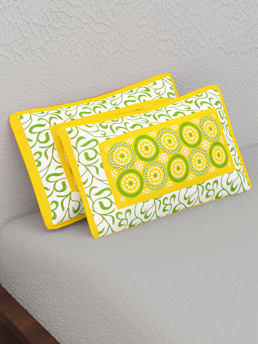 

Urban Magic Set Of 2 Yellow & White Printed 104 TC Cotton Pillow Covers