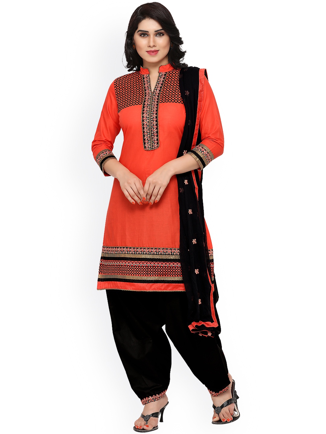 

Kvsfab Peach-Coloured & Black Pure Cotton Unstitched Dress Material