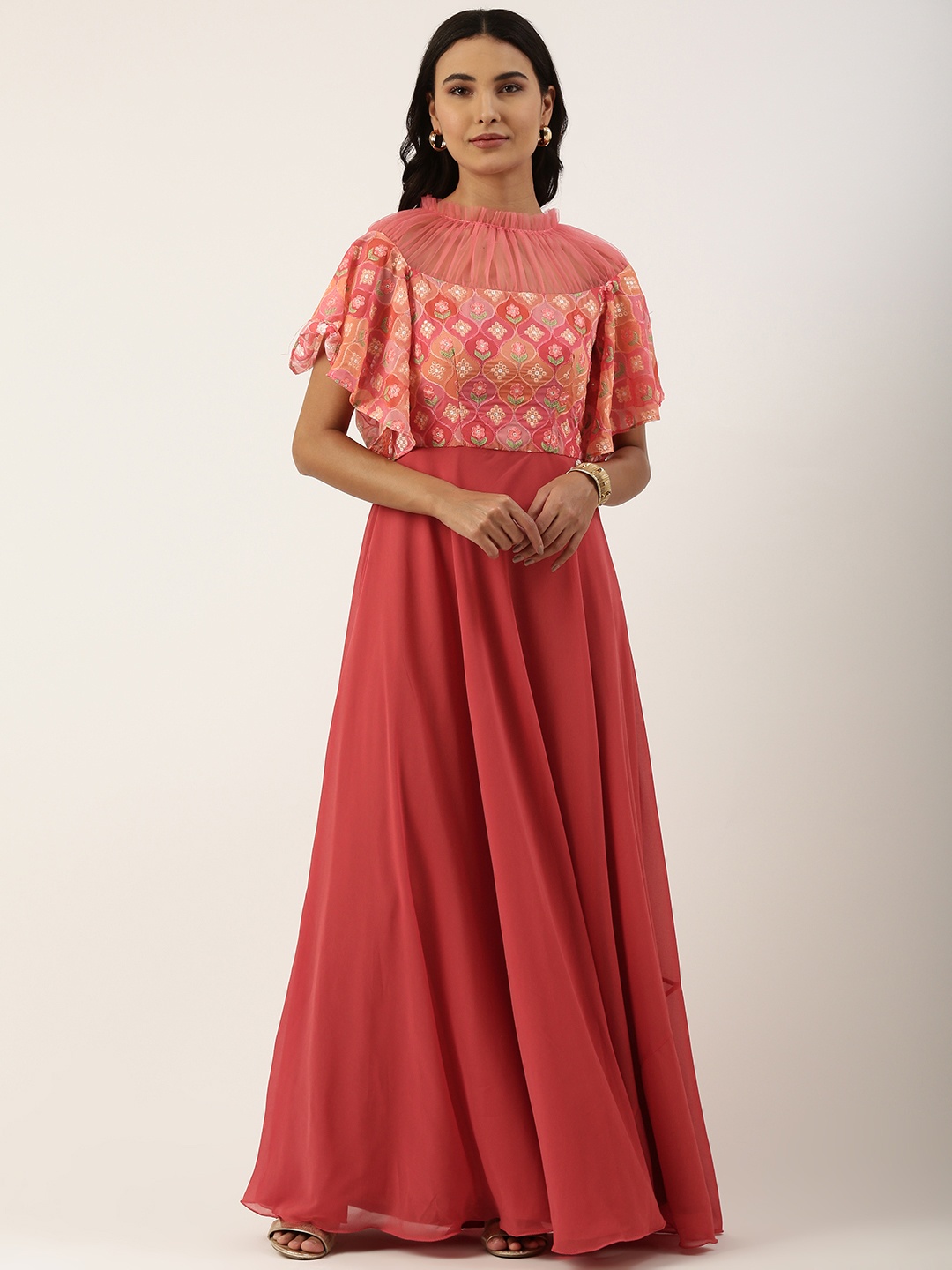

Ethnovog Pink Floral Embroidered Georgette Ethnic A-Line Maxi Dress