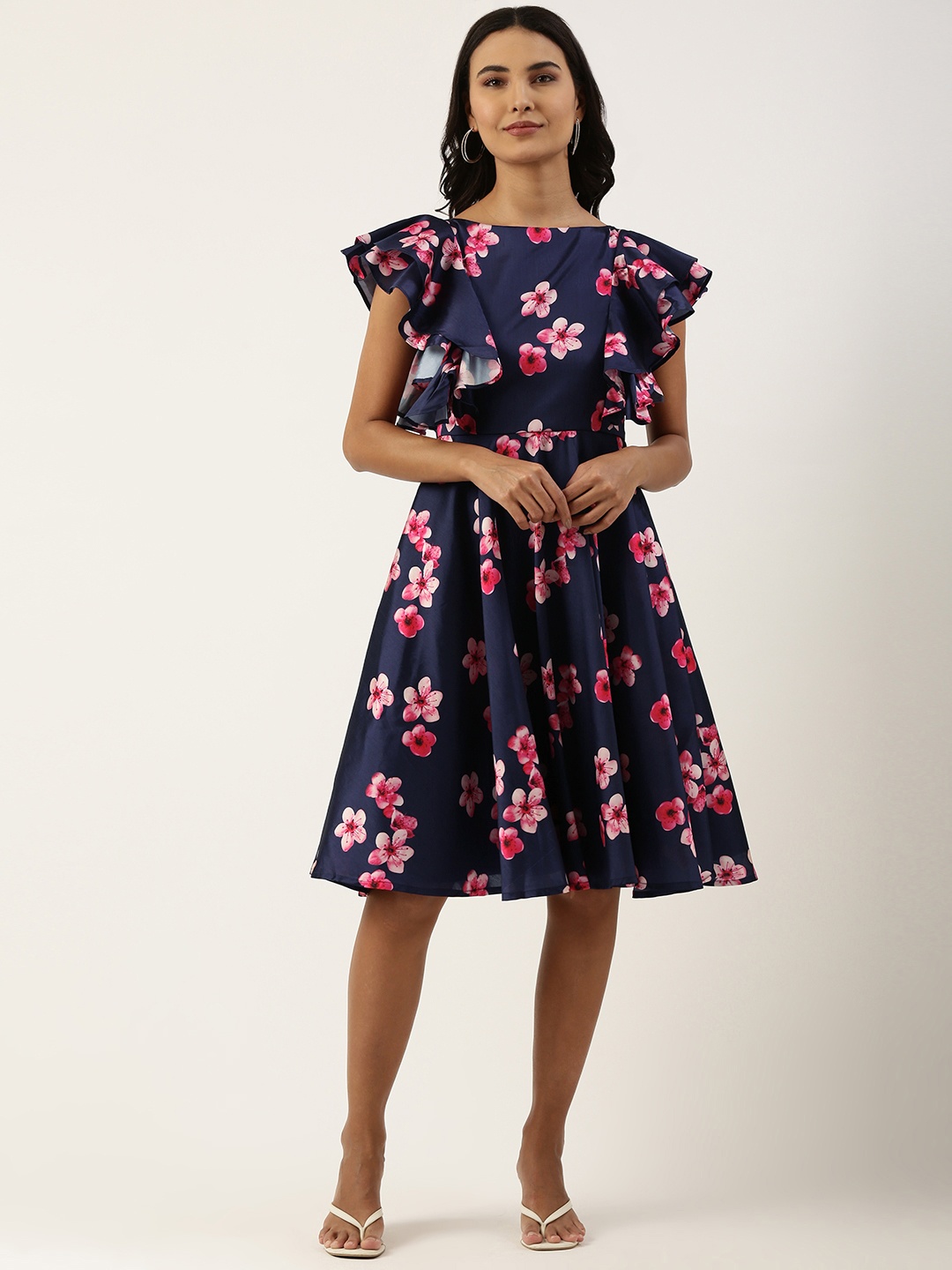 

Ethnovog Navy Blue Pink Floral A-Line Dress