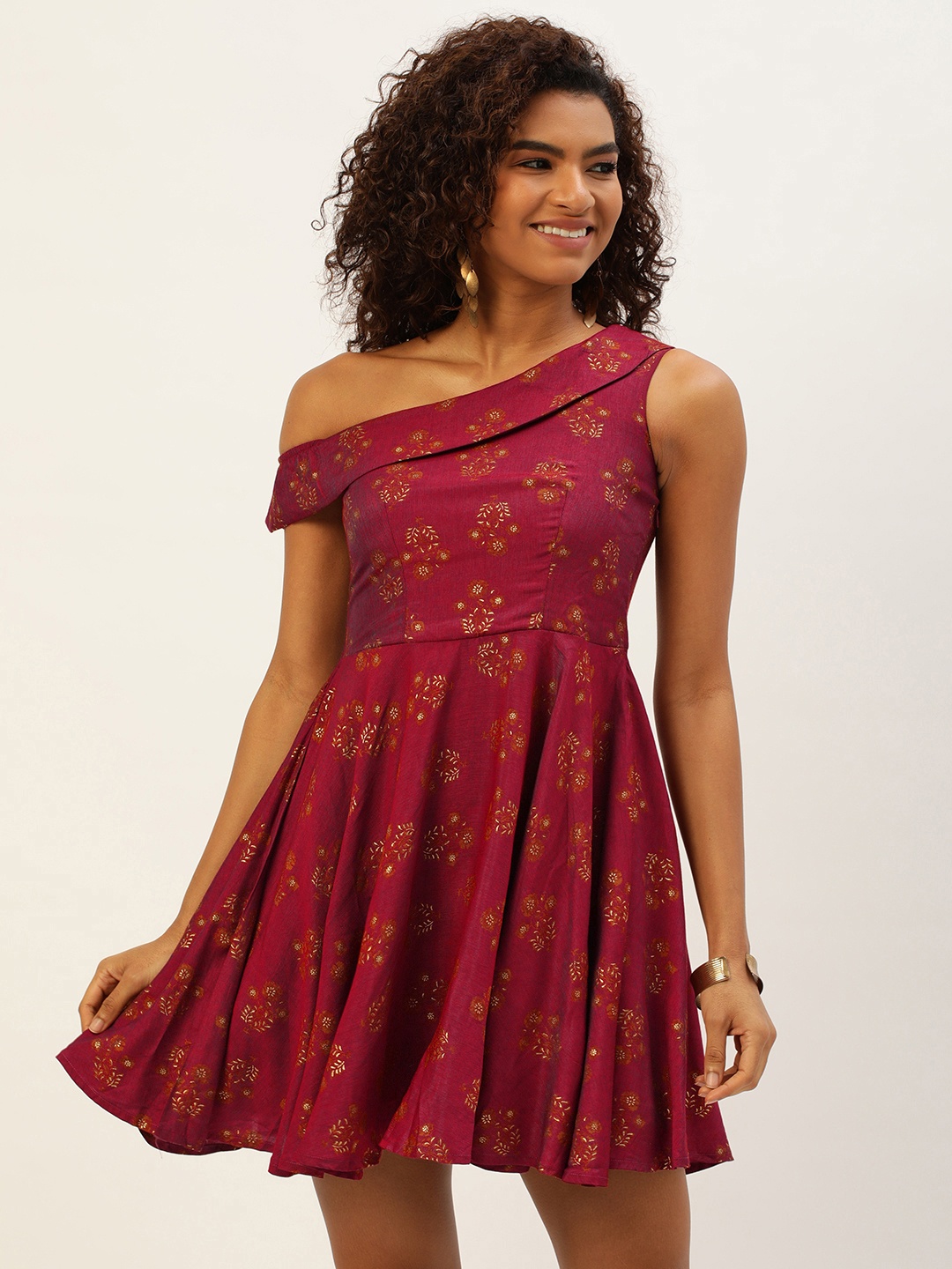 

Ethnovog Floral One Shoulder Georgette A-Line Dress, Maroon