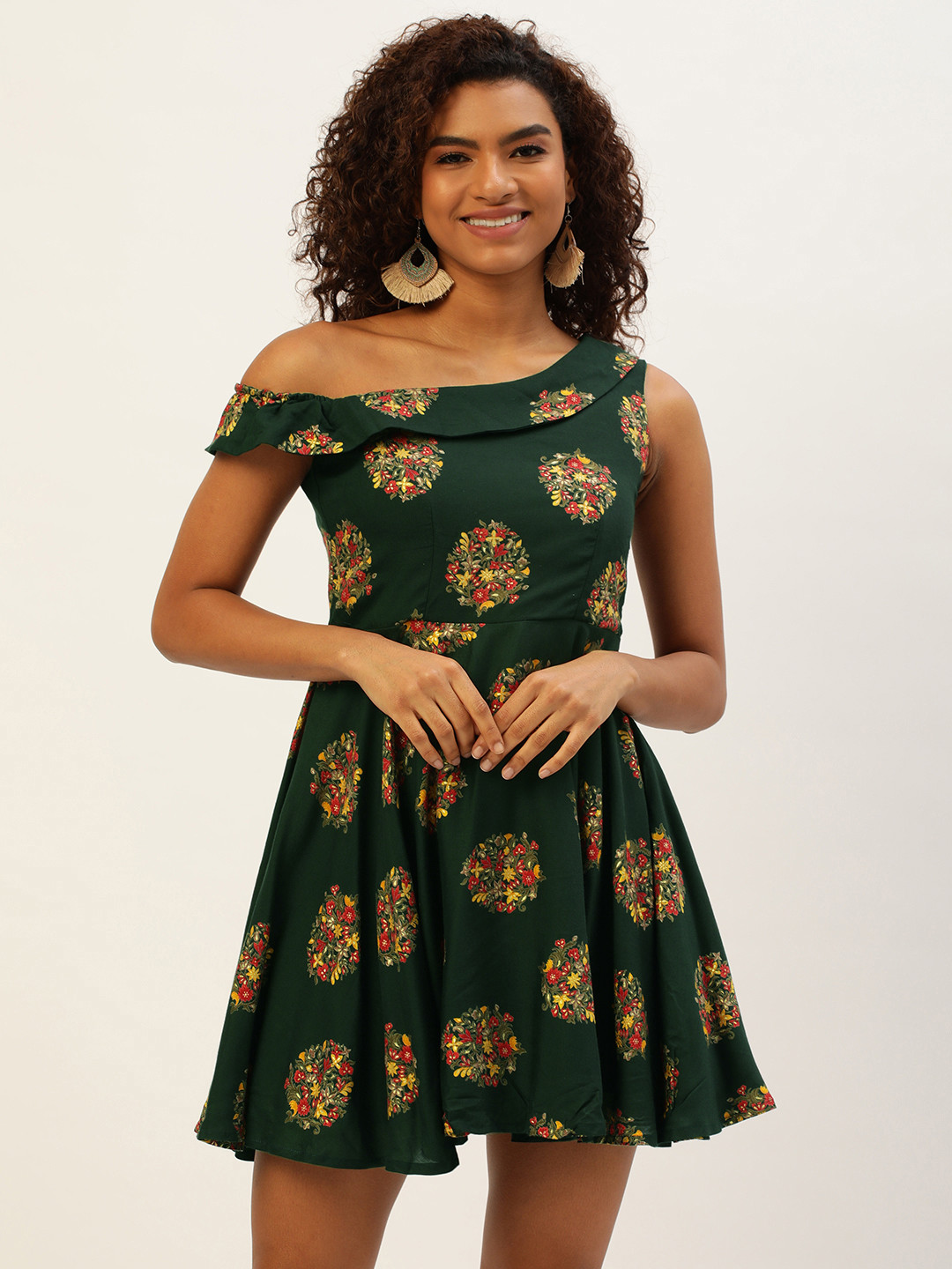 

Ethnovog Floral One Shoulder Georgette A-Line Dress, Green