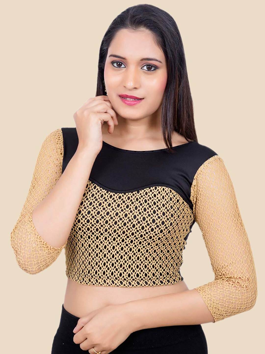 

neckbook Women Black & Beige Solid Saree Blouse