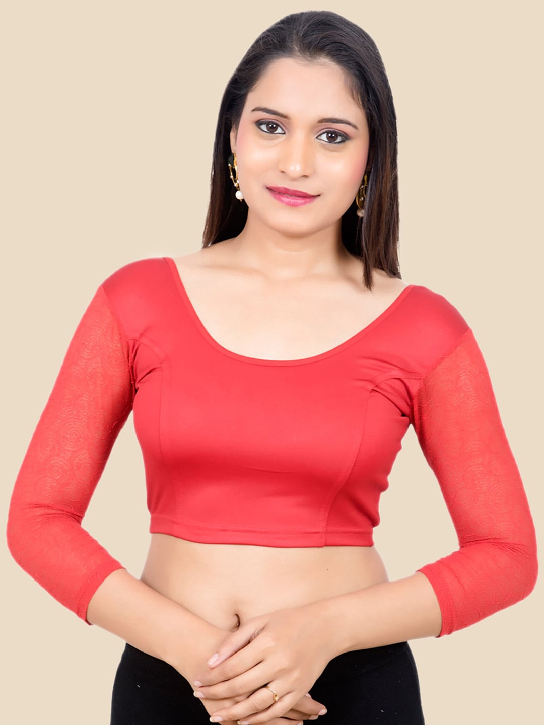 

neckbook Women Red Solid Lycra Princess Cut Stretchable Readymade Saree Blouse