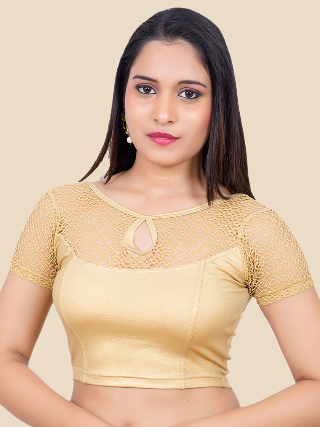 

neckbook Women Gold-Colored Solid Net Sleeves Saree Blouse