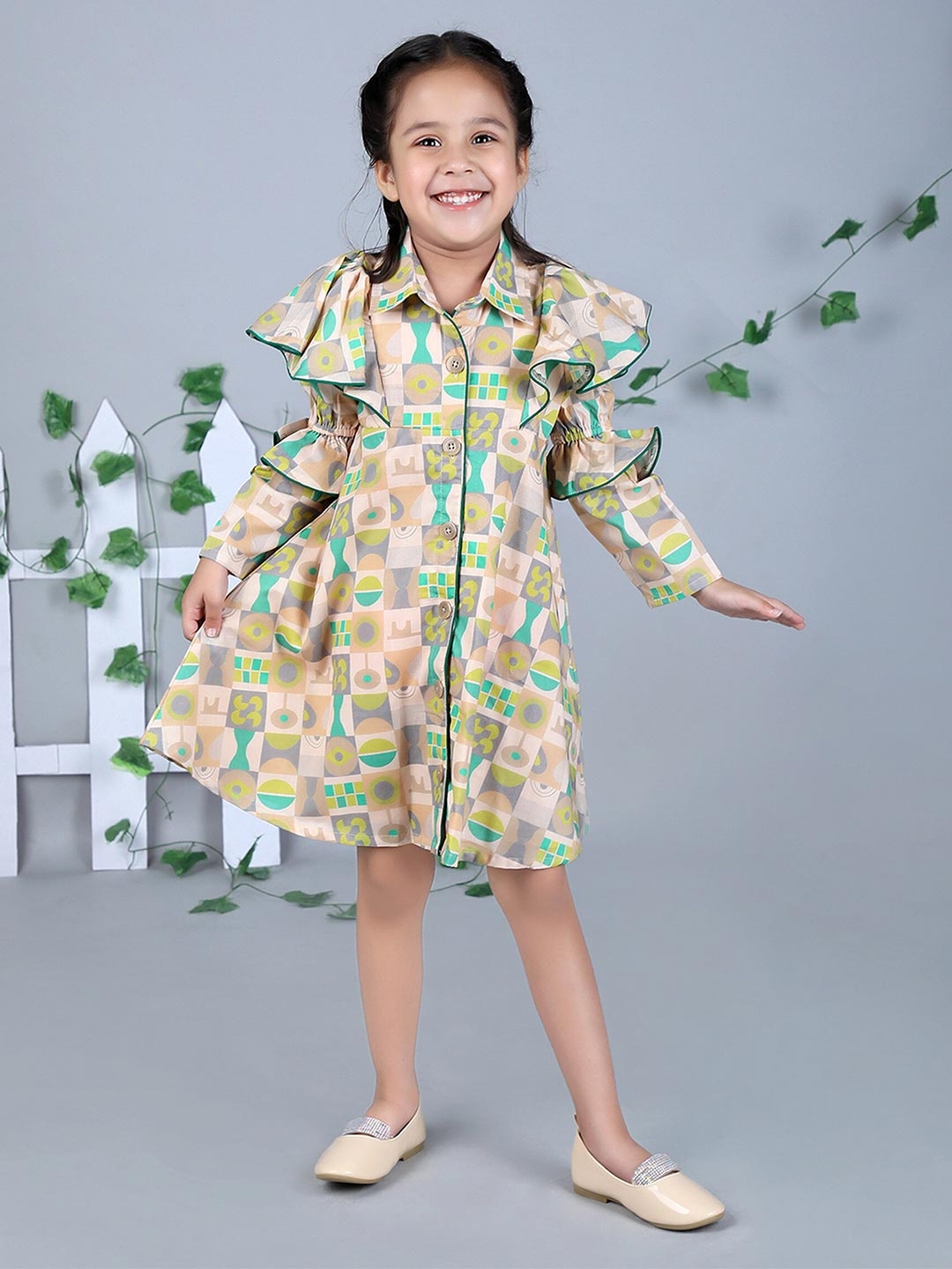 

Beyabella Green Floral Ruffles Pure Cotton A-Line Dress