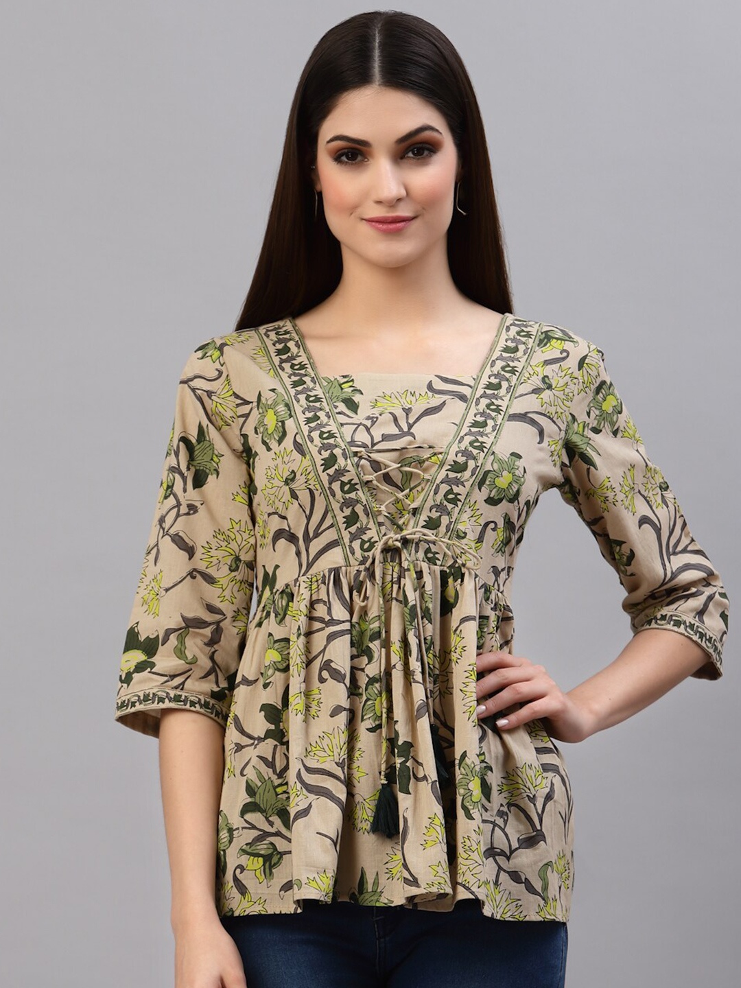 

Stylum Women Beige & Green Floral Cotton Printed Empire Top