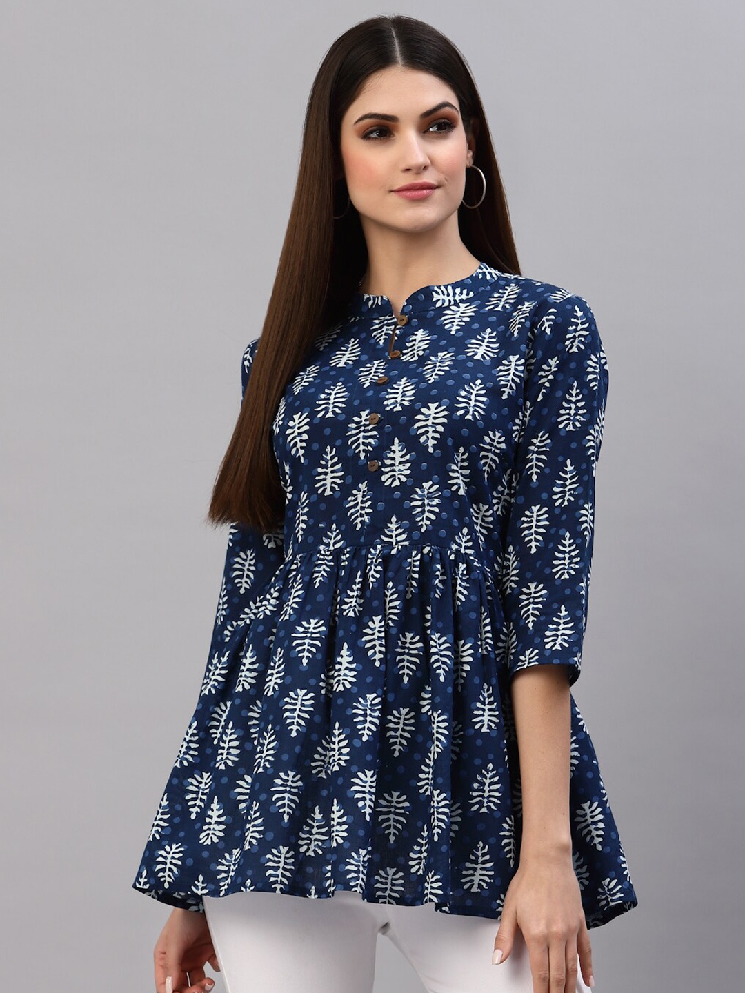 

Stylum Navy Blue Printed Mandarin Collar Indigo Pure Cotton Empire Top