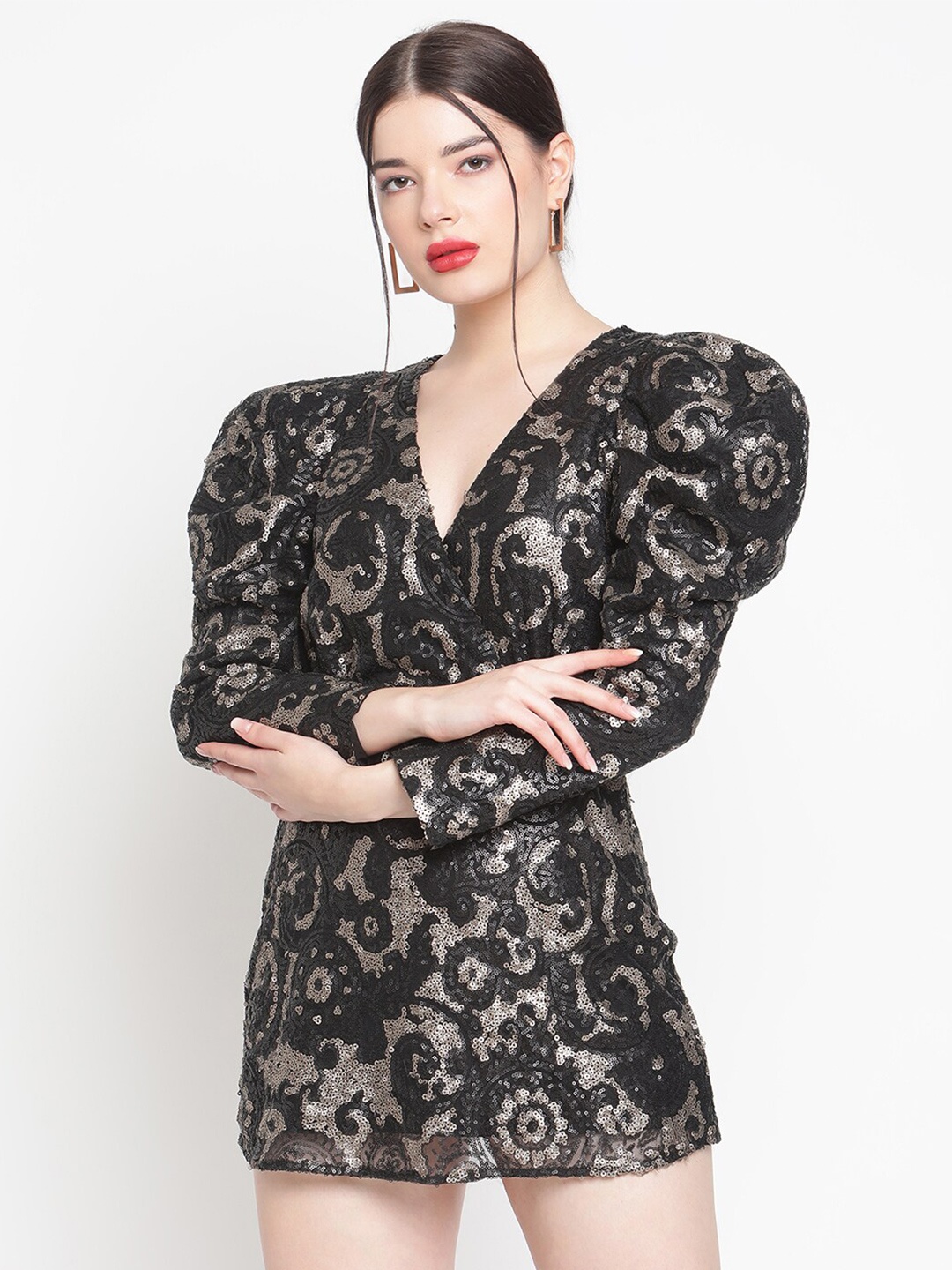 

Amagyaa Women Black Ethnic Motifs Net A-Line Mini Dress
