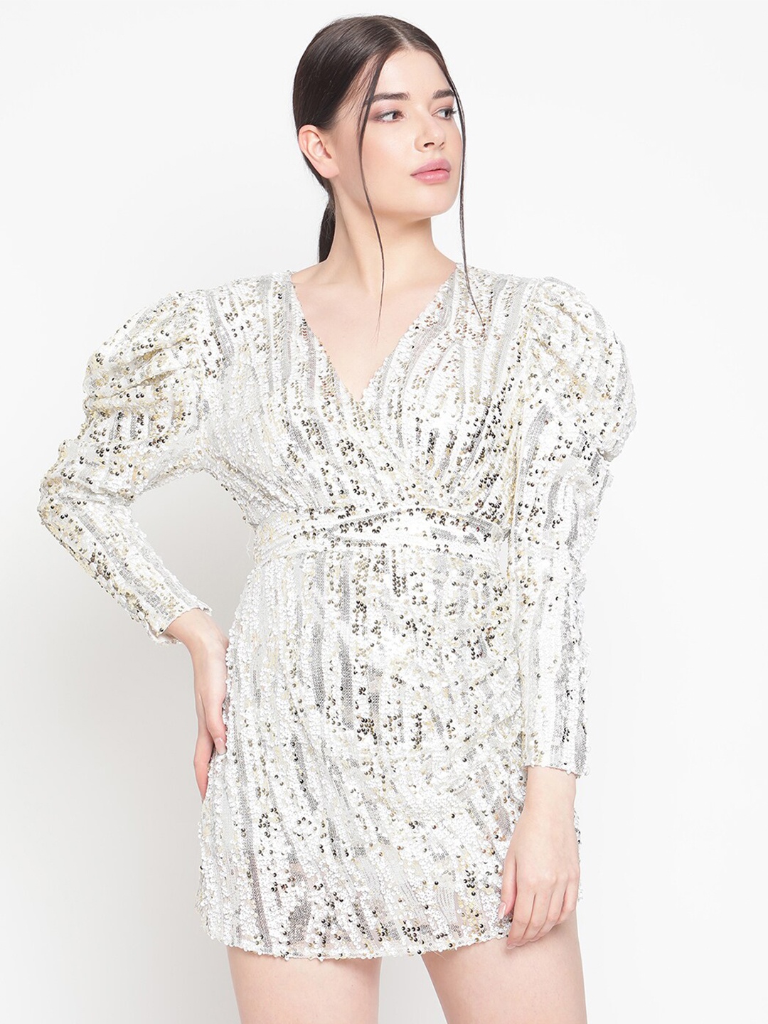 

Amagyaa White Embellished Net Mini Dress