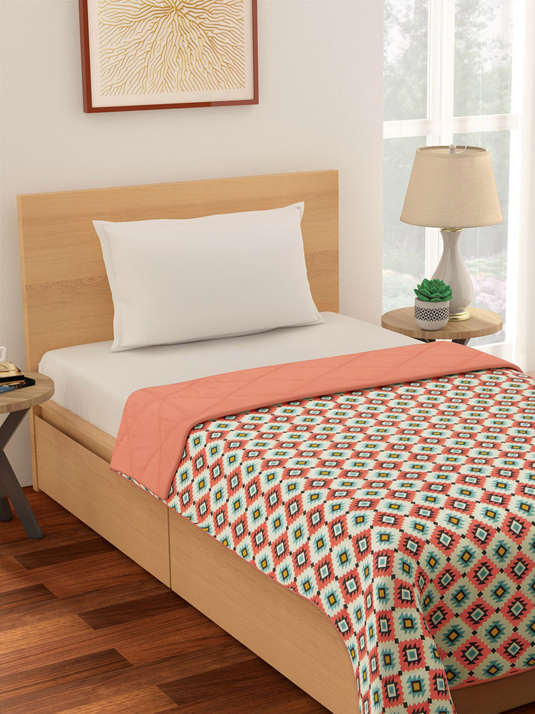 

Living scapes by Pantaloons Peach-Coloured & White Geometric Summer Single Bed Quilt