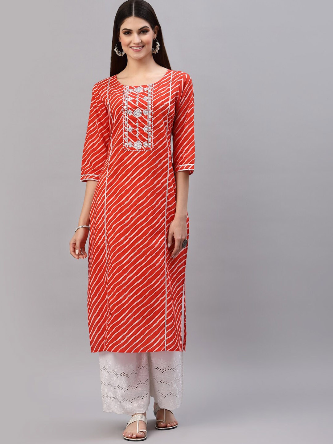 

Stylum Women Orange Lehariya Printed Cotton Straight Kurta