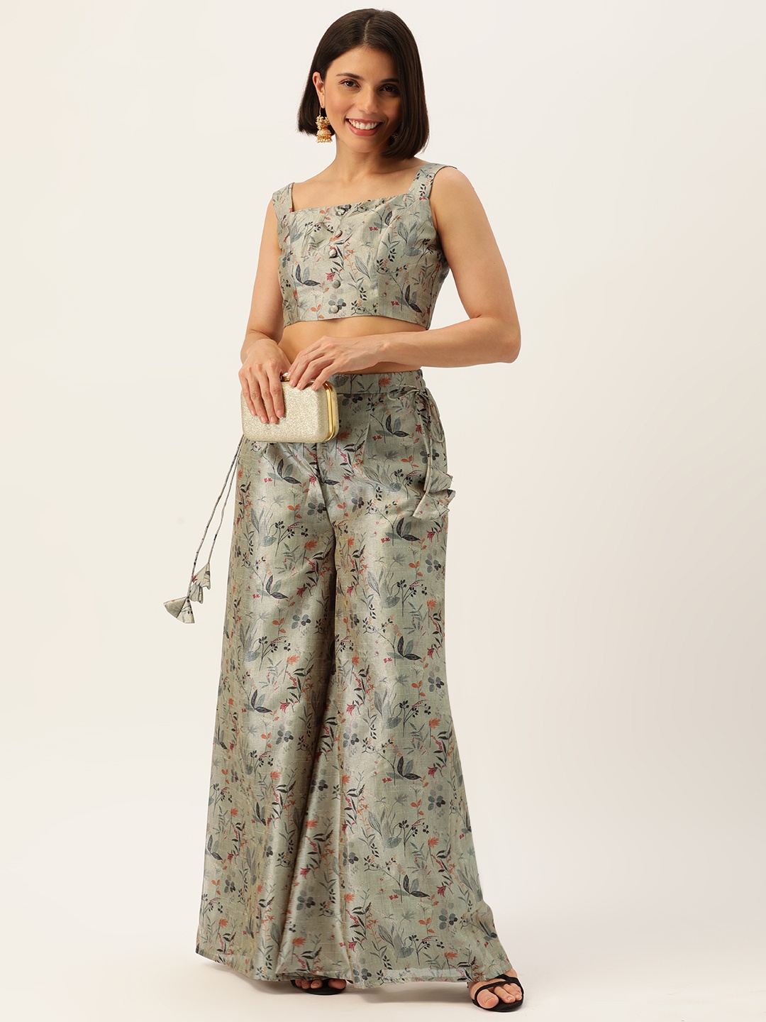 

Ethnovog Women Brown Orange Floral Printed Made To Measure Top with Palazzo