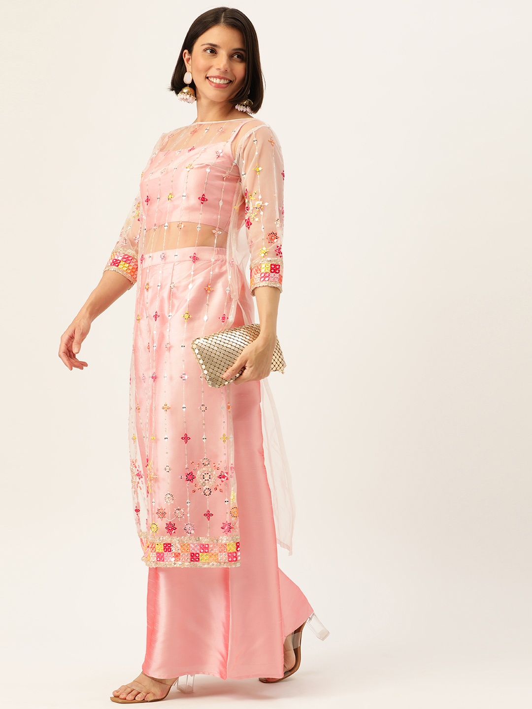 

Ethnovog Women Pink Floral Embroidered Mirror Work Made To Measure Kurta with Palazzos