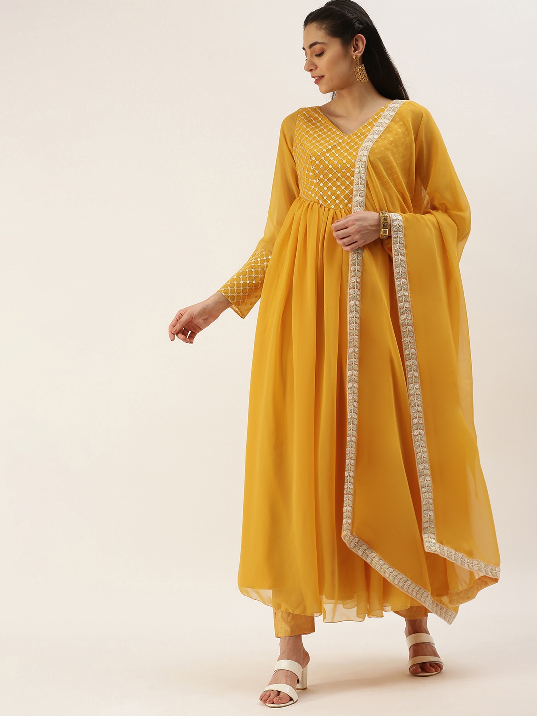 

Ethnovog Women Embroidered Empire Sequinned Kurta with Trousers With Dupatta, Mustard