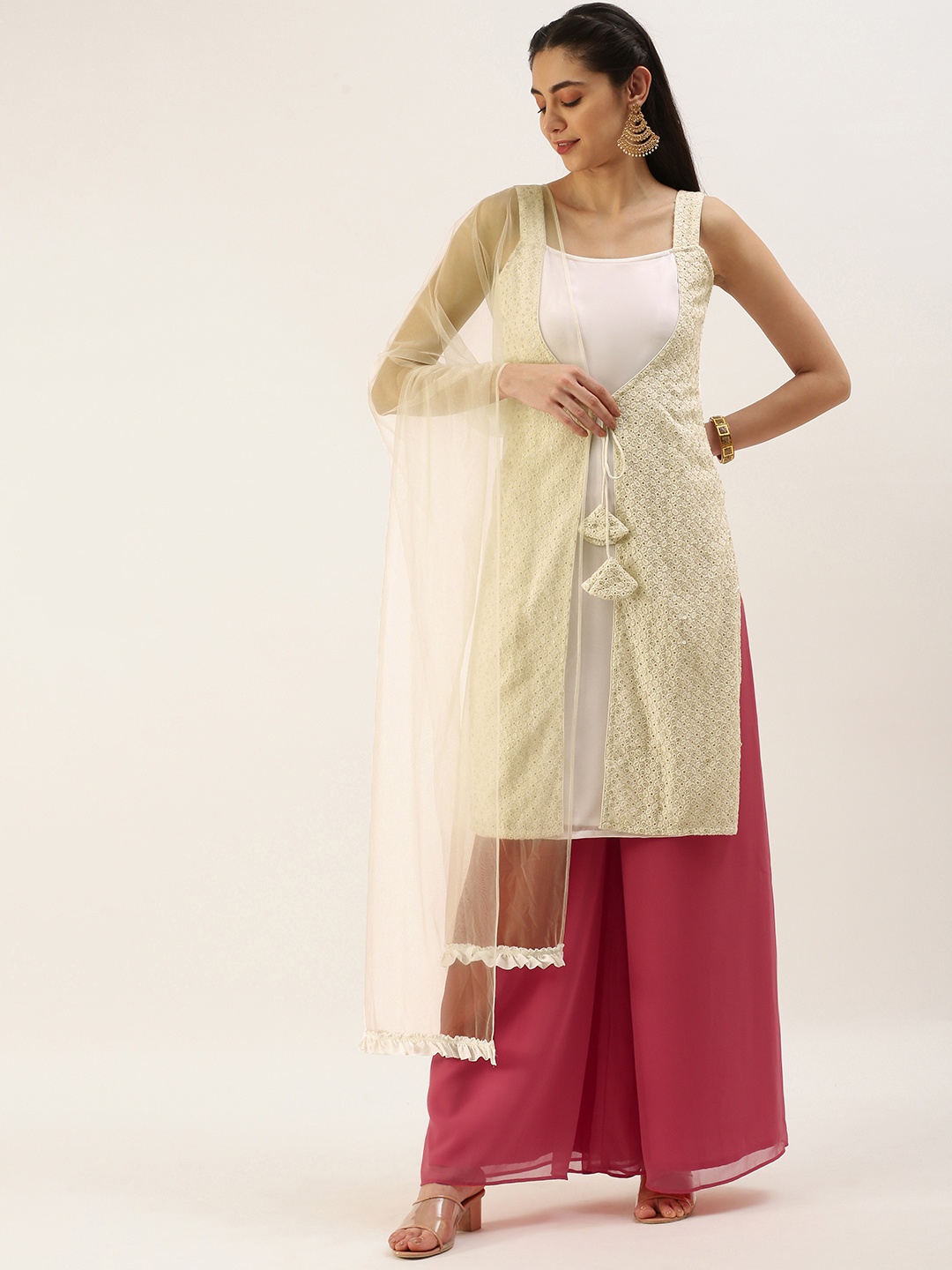 

Ethnovog Women Embroidered Layered Sequinned Kurta with Palazzos With Dupatta, White