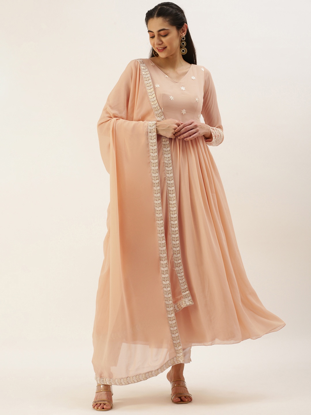 

Ethnovog Women Made To Measure Embroidered Kurta with Trousers Dupatta, Peach