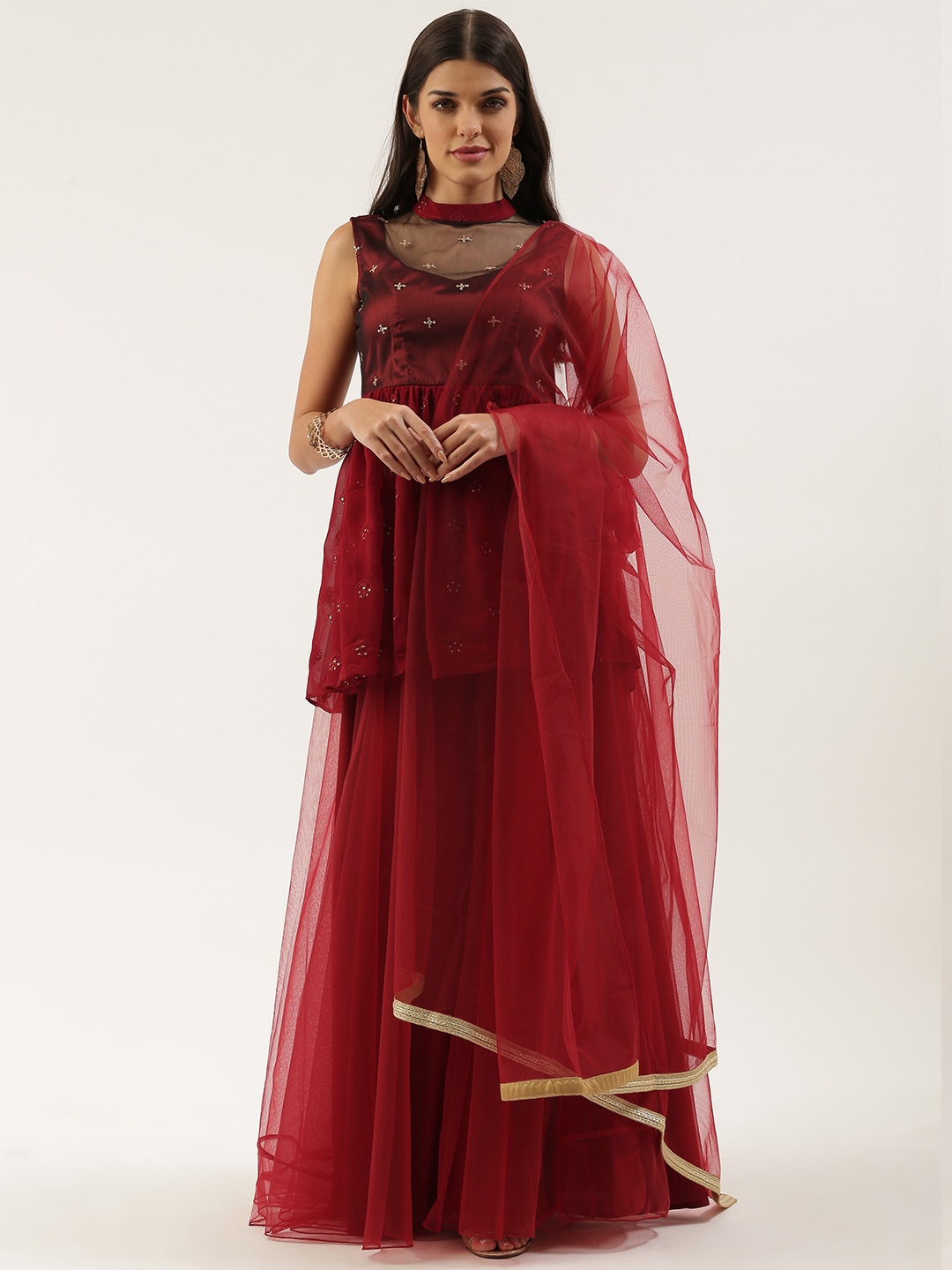 

Ethnovog Women Maroon Made To Measure Ethnic Motifs Kurti with Palazzos With Dupatta
