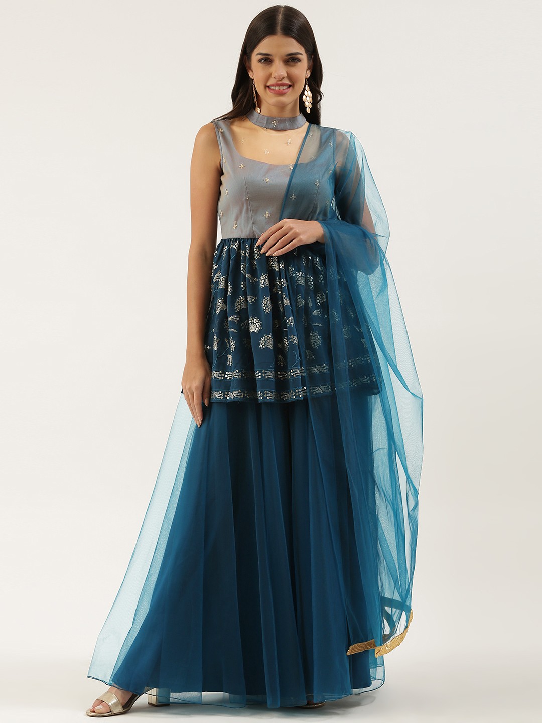 

Ethnovog Women Teal Ethnic Motifs Embroidered Empire Kurta with Palazzos With Dupatta