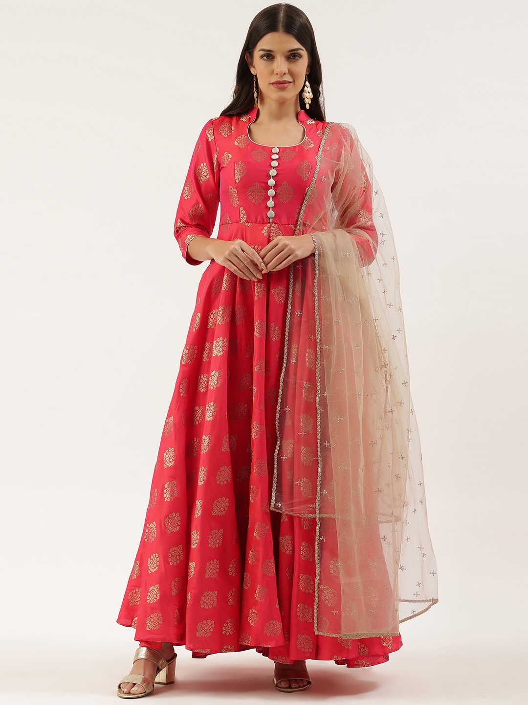 

Ethnovog Women Red Made To Measure Printed Kurta with Palazzos With Dupatta