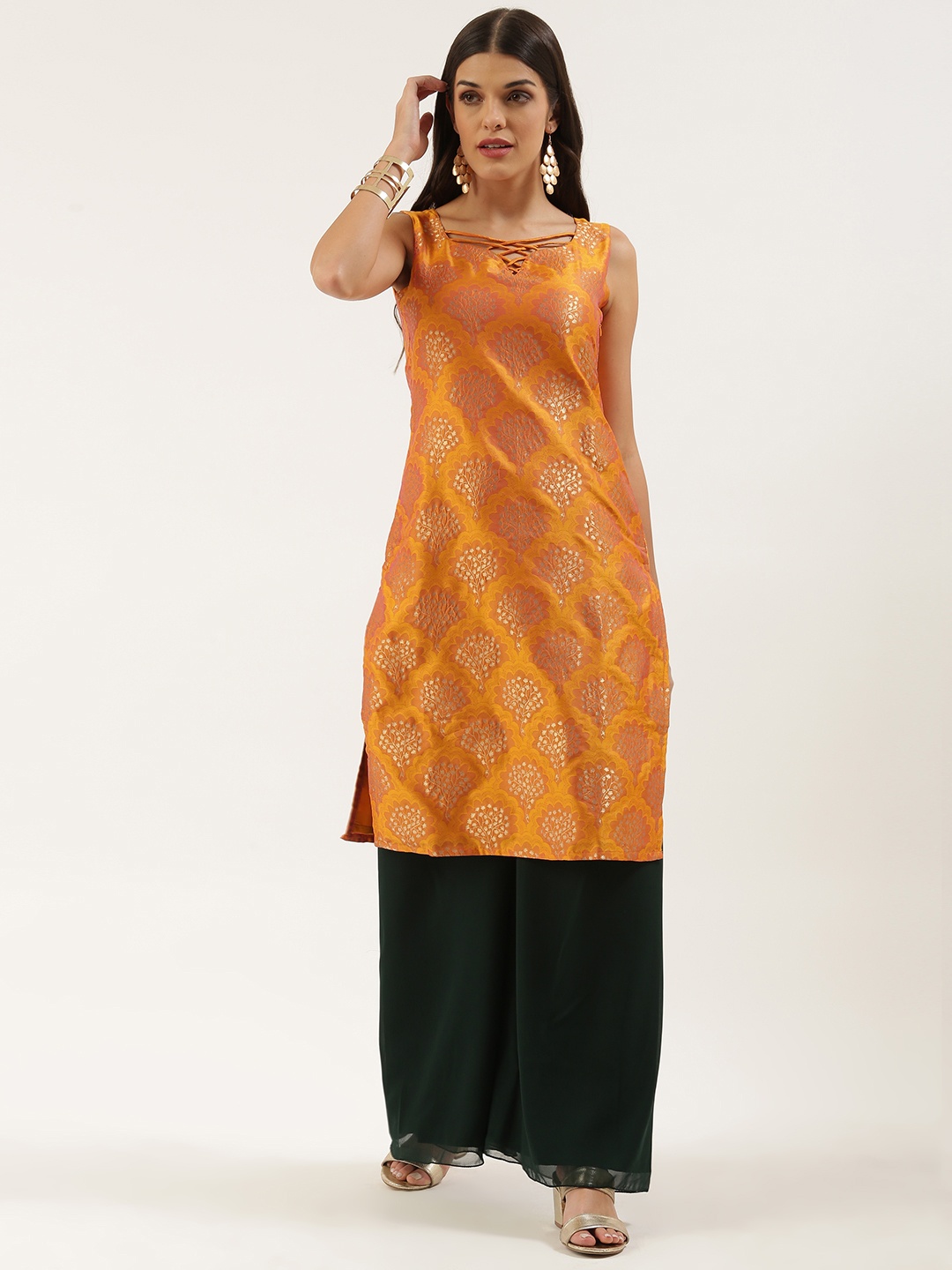 

Ethnovog Women Mustard Yellow Made To Measure Ethnic Motifs Kurta with Palazzos