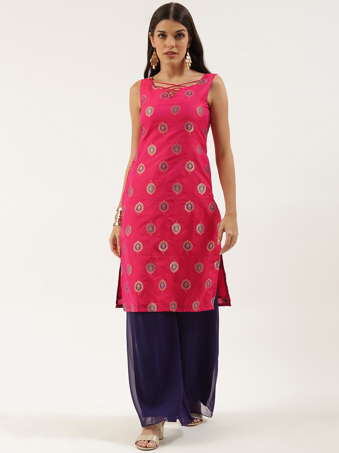 

Ethnovog Women Pink Ethnic Motifs Kurta with Palazzos