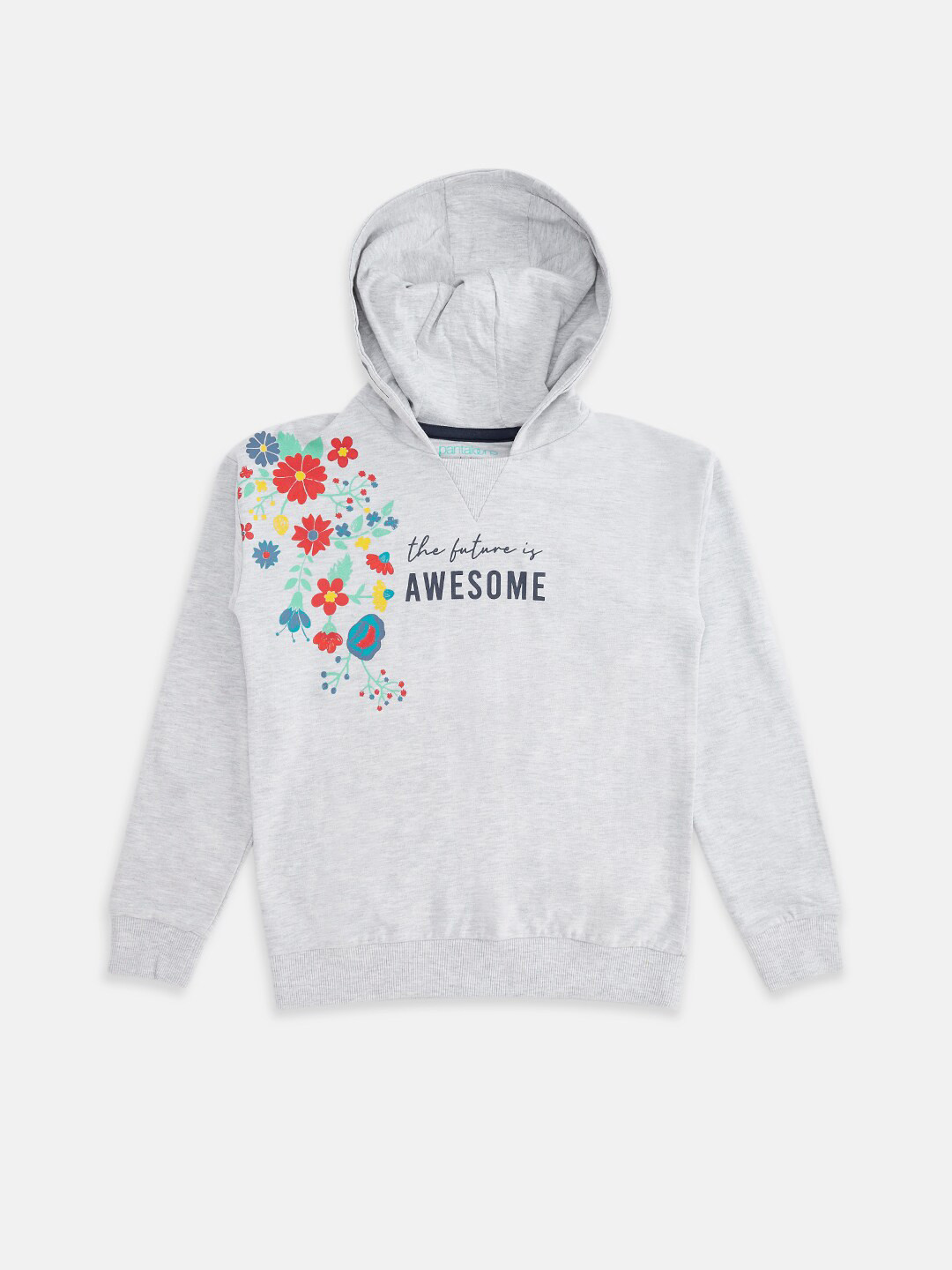 

Pantaloons Junior Girls Grey Melange Printed Hooded Sweatshirt