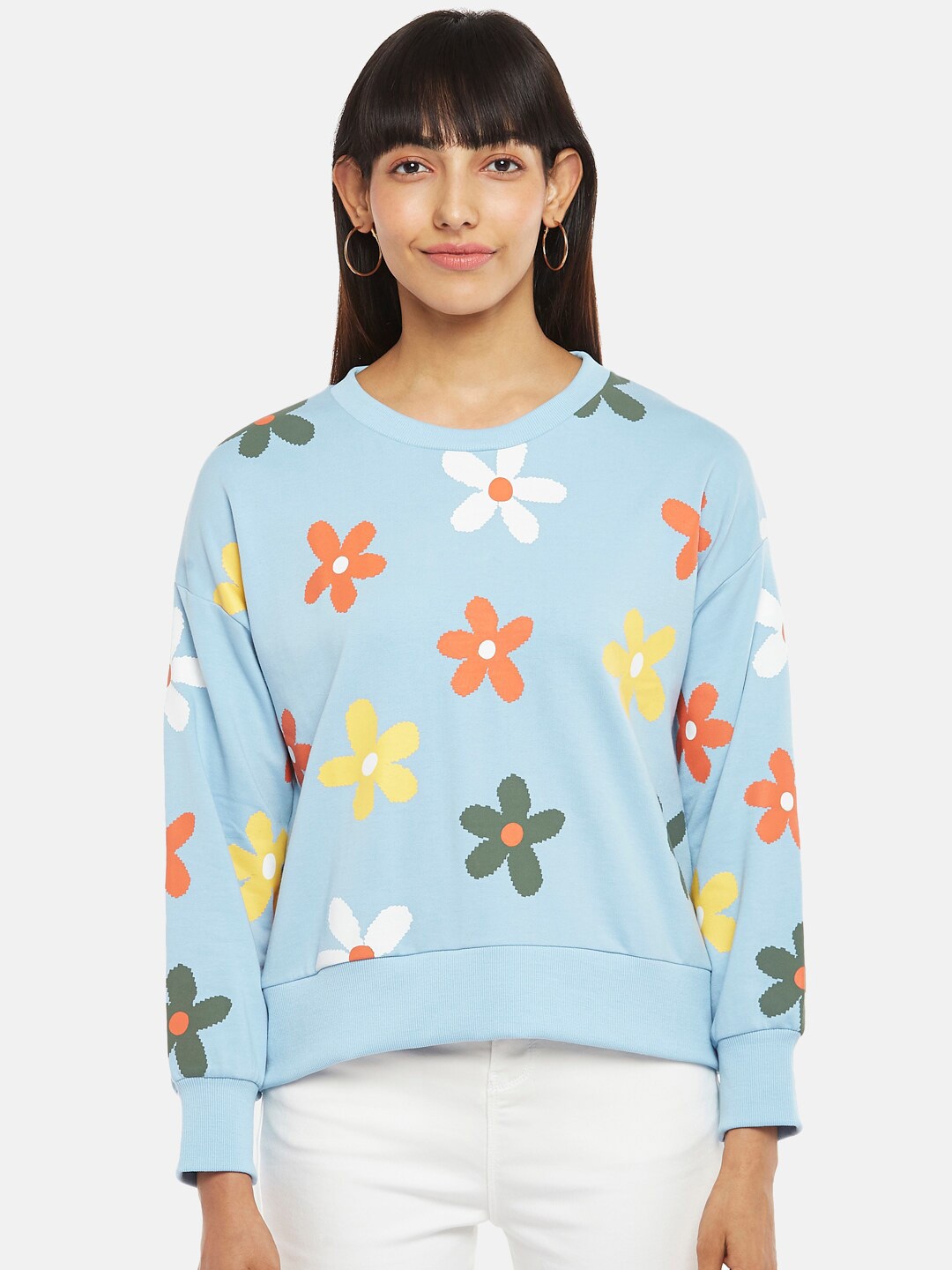 

People Women Blue Floral Printed Sweatshirt