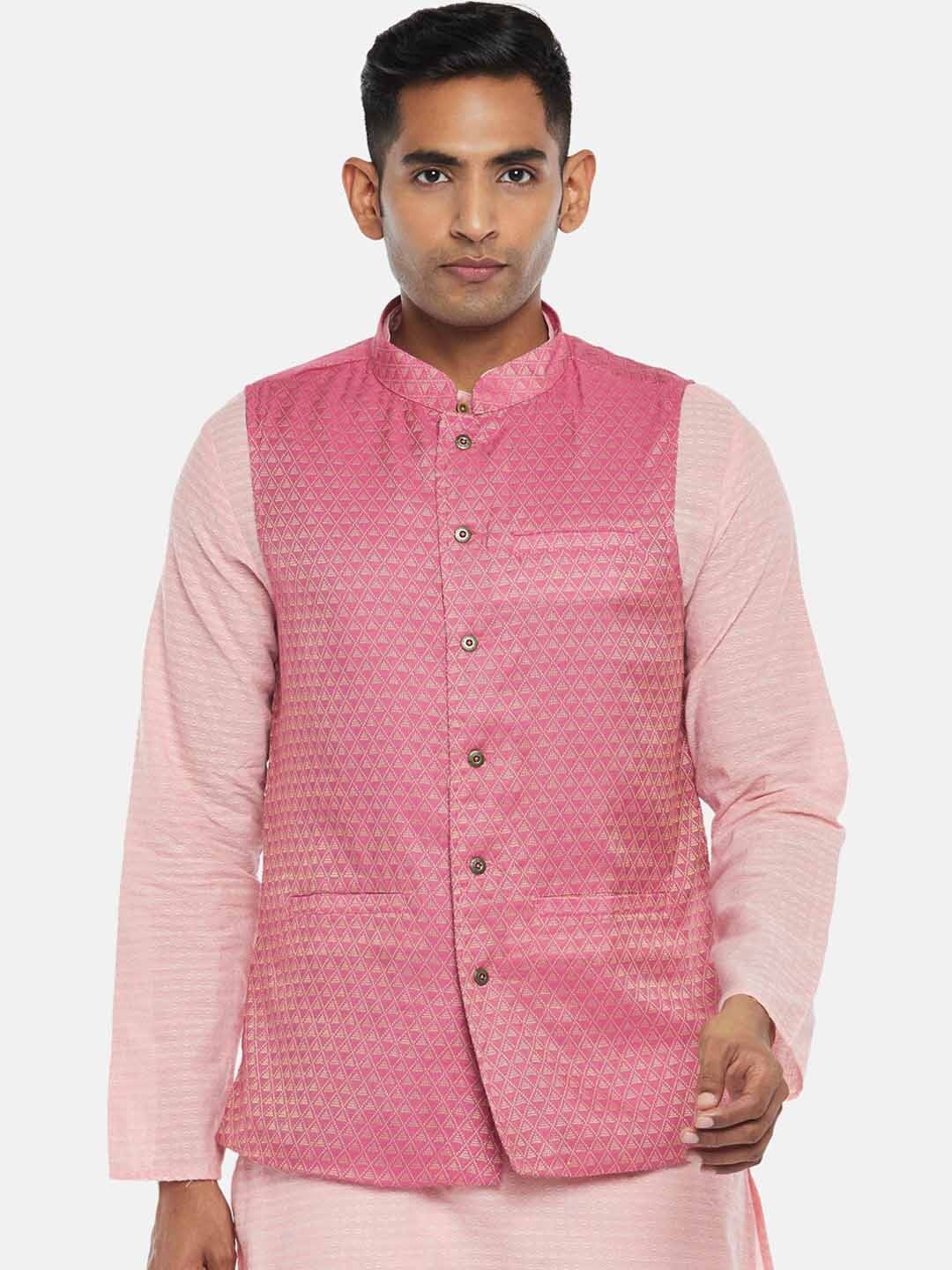 

indus route by Pantaloons Men Pink Woven-Design Nehru Jacket