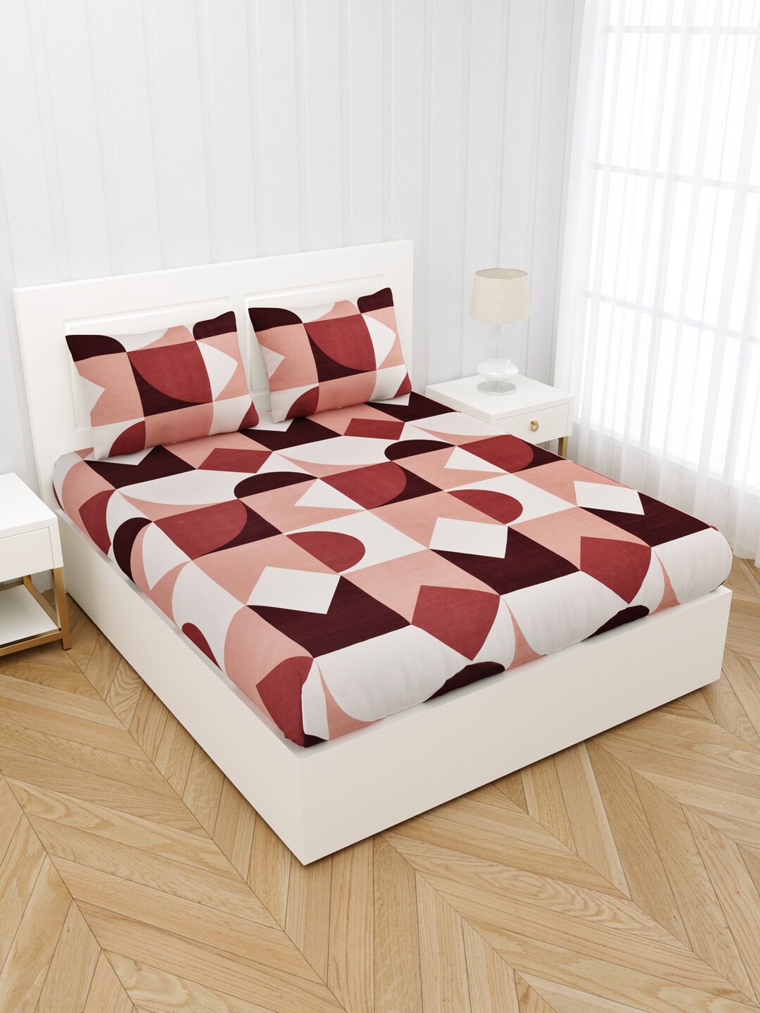 

JAIPUR FABRIC White & Maroon Geometric 180 TC King Bedsheet with 2 Pillow Covers