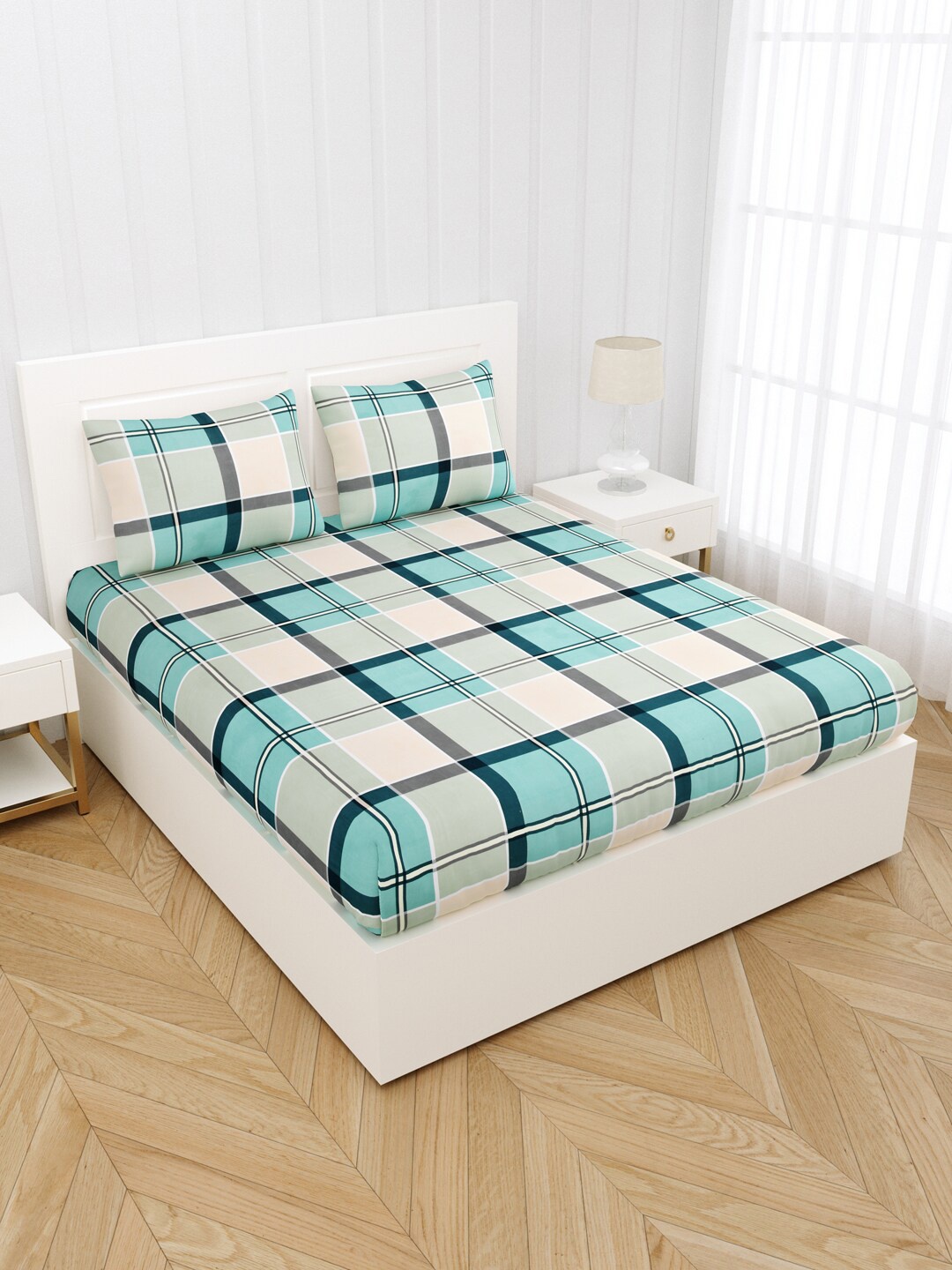 

JAIPUR FABRIC Blue & White Geometric 180 TC King Bedsheet with 2 Pillow Covers