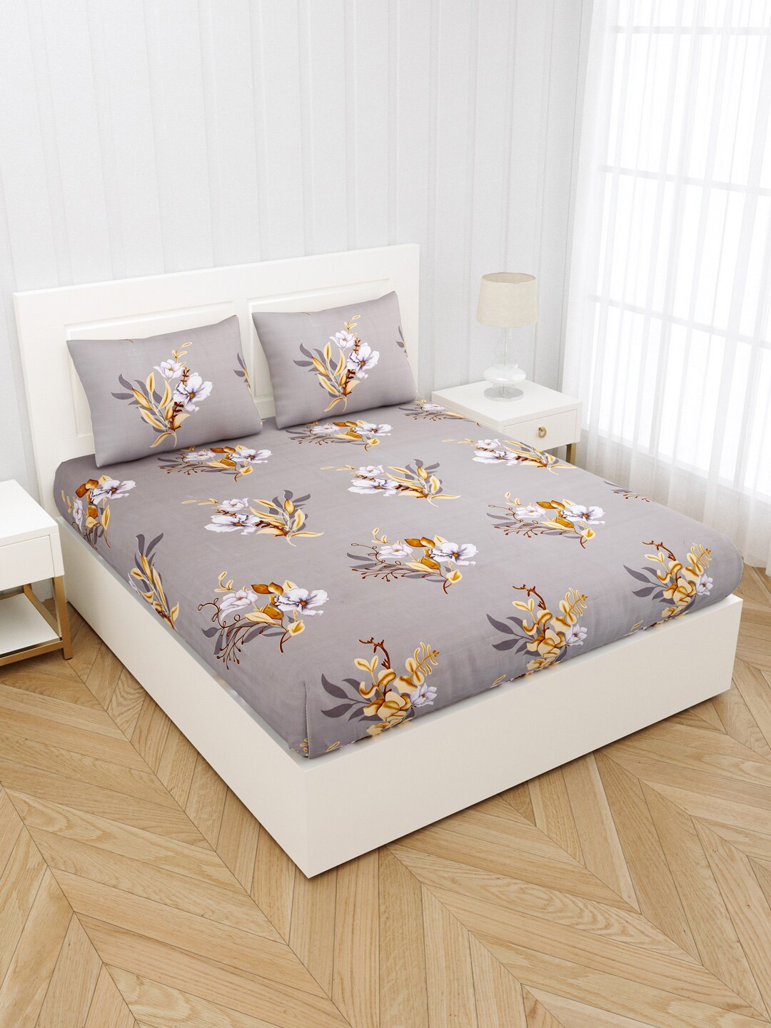 

JAIPUR FABRIC Grey & White Floral 180 TC King Bedsheet with 2 Pillow Covers