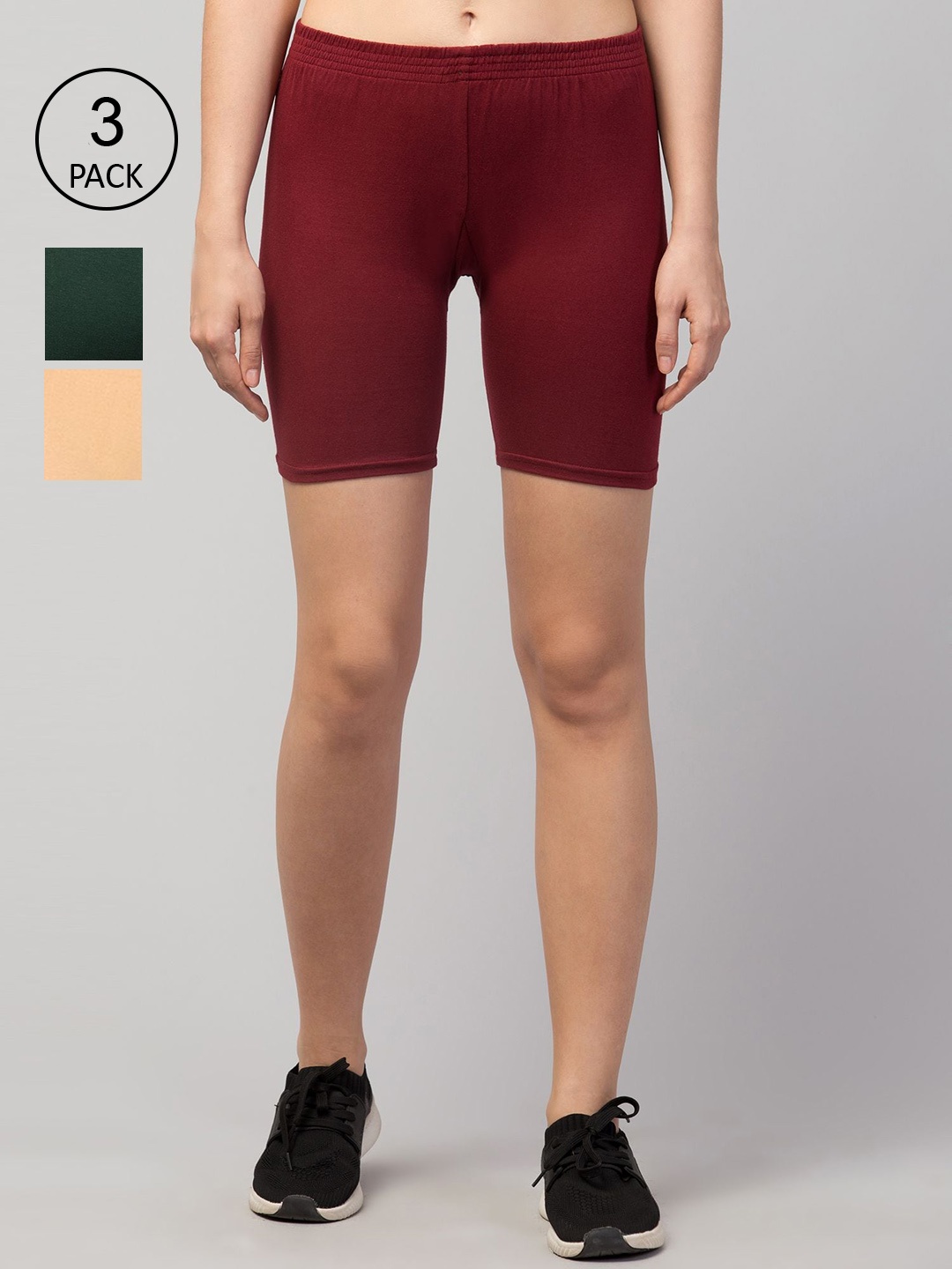 

Apraa & Parma Women Maroon Beige & Green 3 Slim Fit Cycling Sports Shorts