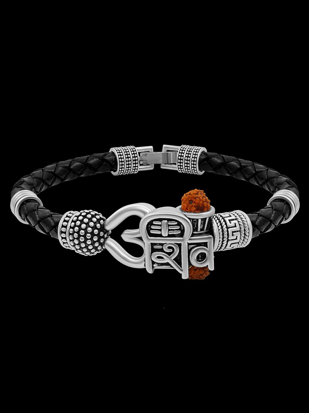 

NAKABH Men Silver-Toned & Black Brass Oxidised Silver-Plated Wraparound Bracelet